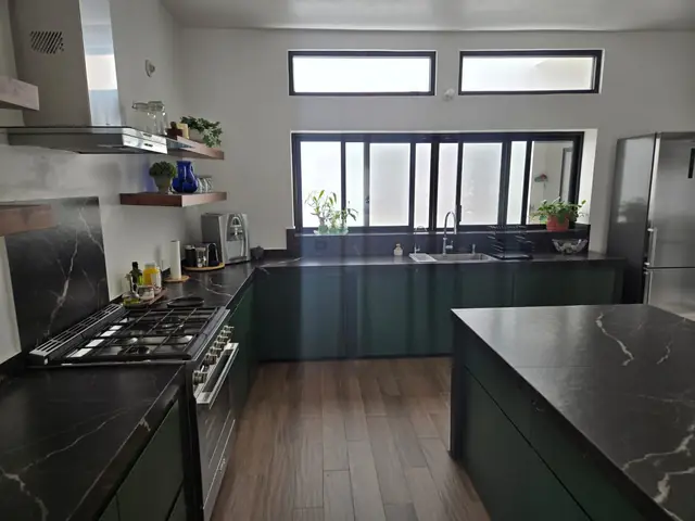 Cocina verde con repisas de madera — foto 2